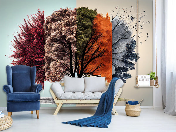 Beautiful Modern Non-Woven Full-Wall Wallpapers For Home, Office "Tree Of Seasons"