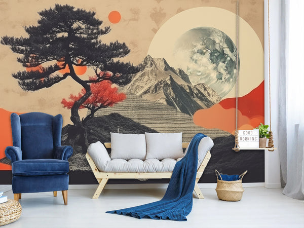 Traditional Full Wall Mural in Vintage Style, Modern Mountains and Moon for Bedroom, Hall 🌙🏔️