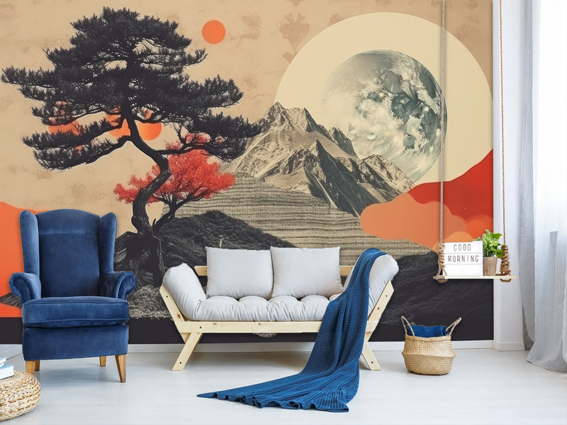 Traditional Full Wall Mural in Vintage Style, Modern Mountains and Moon for Bedroom, Hall 🌙🏔️