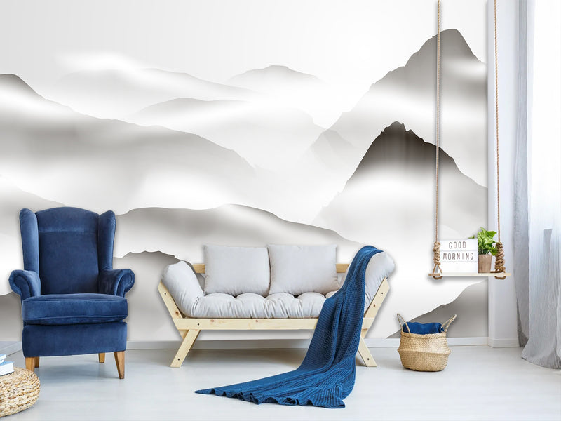 Natural Wall Mural, Calm Tones for Hall or Living Room, Non-Woven Full Wall Mural "Silhouettes of Mountains in Clouds" 🌄