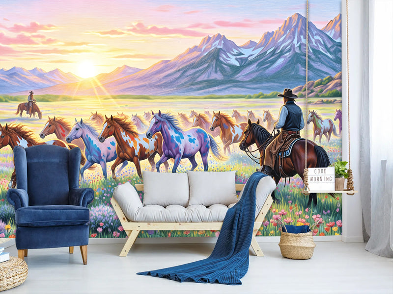 Wild West Art — Non-Woven Mural, Cowboys Watching a Herd of Horses, Wall Print for Office or Living Room