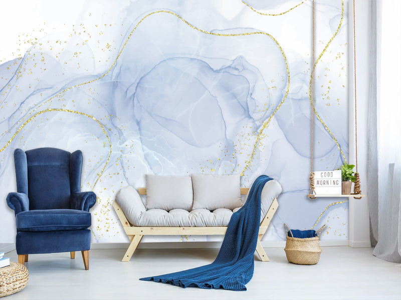 3D Self-Adhesive Wallpaper With Art Print For Office Area, Abstract “White And Blue Abstraction For Comfort”