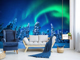 Non-Woven Full Wall Mural Wallpaper Northern Lights in a Winter Forest For Lounge Area, Bedroom, Or Reception