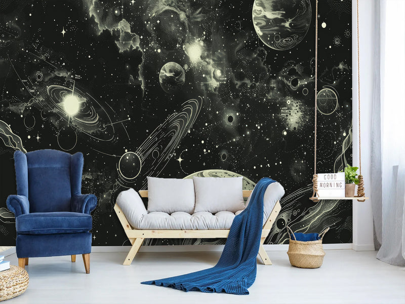 Vinyl Wallpaper Pell and  Stick Print For Living Room Or Bedroom, Full-Wall Design Mural “Cosmic Motion: Planets And Stars” — Perfect For An Accent Wall