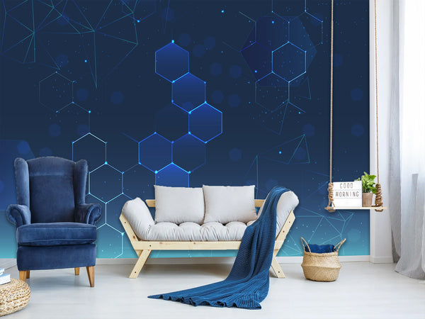Blue Wallpaper Wall Print Peel And Stick Mural Wall Art For Bedroom, Kitchen, Living Room "Polyhedrons"