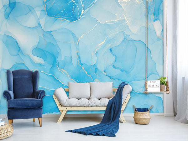 Vinyl Wallpaper Peel and Stick Abstract Wallpaper for Apartment Design Full-Wall Mural for Living Room and Hall "Intertwining of Blue and Gold" ✨