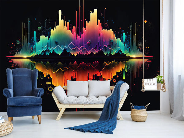 Non-Woven Wallpaper Art Design For Living Room, Bedroom, And Office Inspirational Print "Bright Sound Waves With Neon Gradient" 🎶