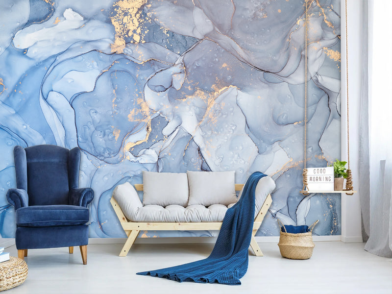 Peel and Stick Wallpaper Design For Lounge Area Or Home Office Mural “Gold And Blue Abstract Swirls”