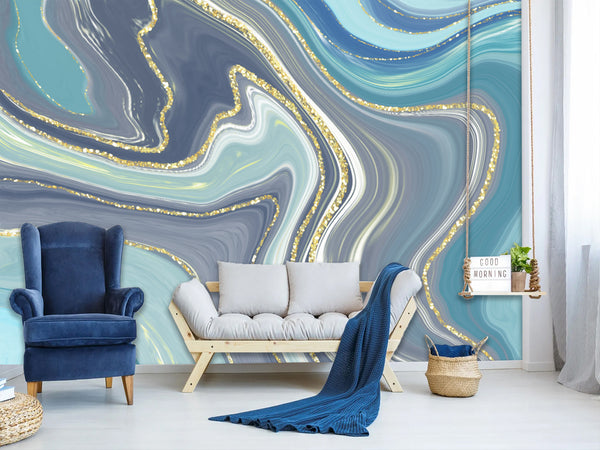 Abstract self-adhesive wallpapers for creating an art space, for office, living room "Gold and Blue Flow"