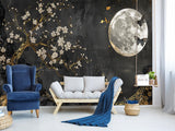 Non-Woven Mural Art Accent Wall For Bedroom, Lounge Area "Golden Plum Tree In Moonlit Night – Mural Background"