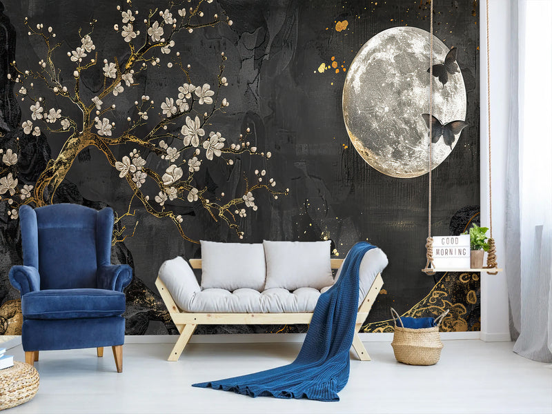 Non-Woven Mural Art Accent Wall For Bedroom, Lounge Area "Golden Plum Tree In Moonlit Night – Mural Background"