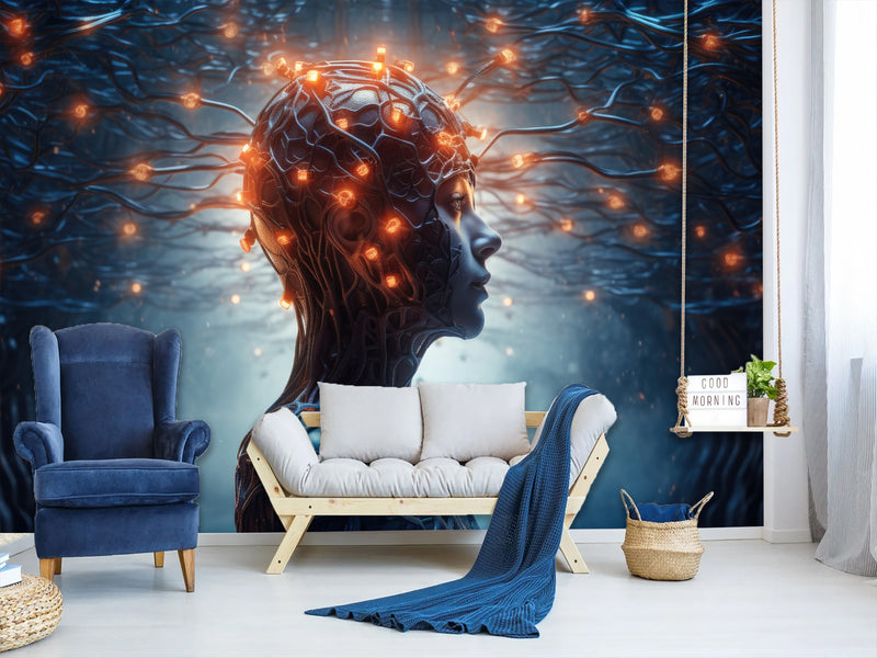 Futuristic Peel & Stick Wall Mural for Living Room, Office, or Gym – 'AI: Thoughts and Data'"