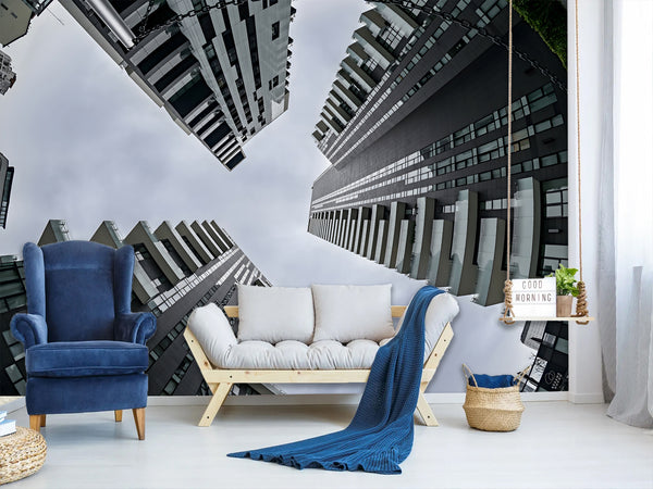 Urban Style Peel and Stick Full-Wall Wallpaper Looking Up at Skyscrapers Design for Living Room or Office