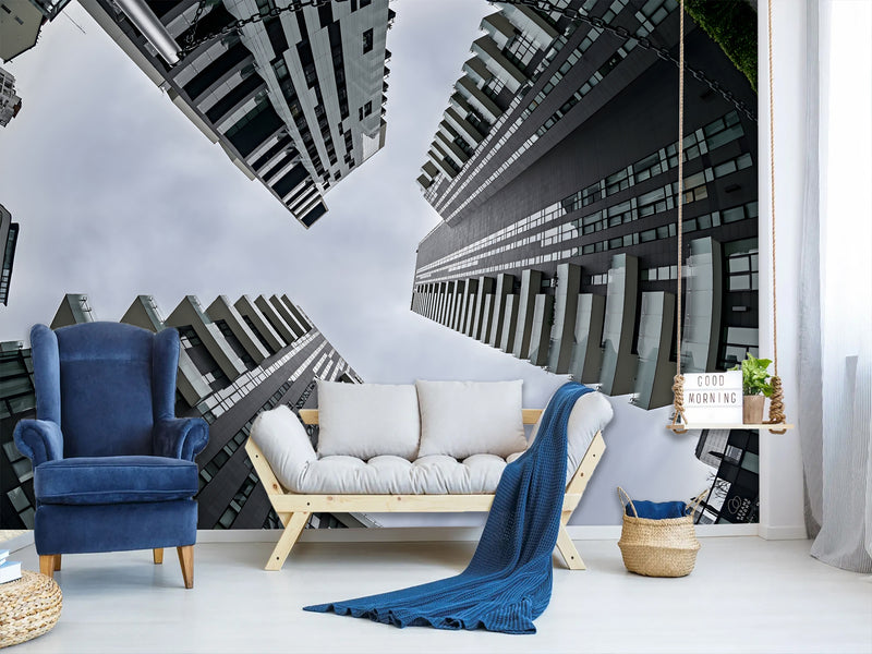 Urban Style Peel and Stick Full-Wall Wallpaper Looking Up at Skyscrapers Design for Living Room or Office