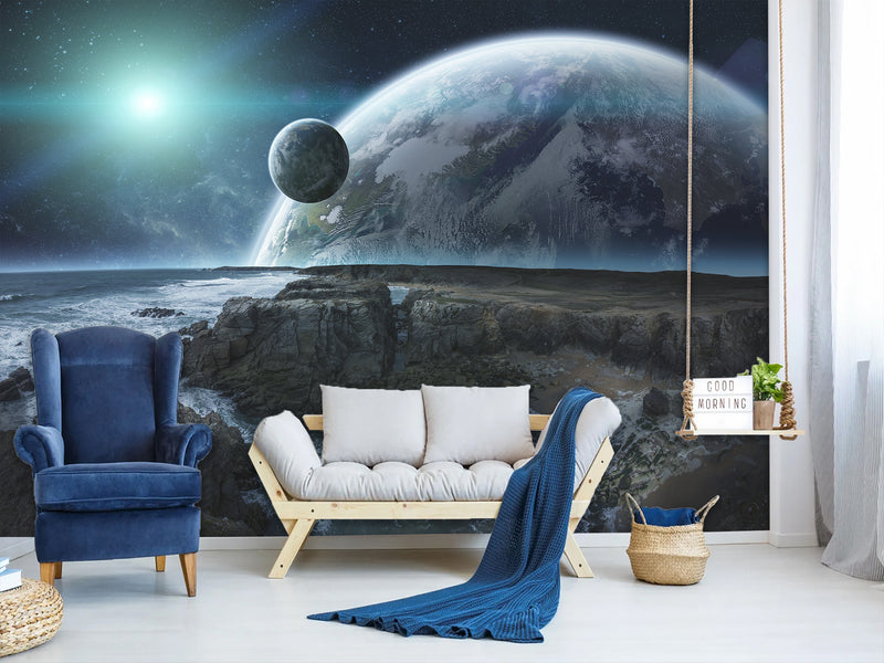 Non-Woven Wallpaper for Bed Wall in Bedroom Design Cosmic Planets 3D Mural