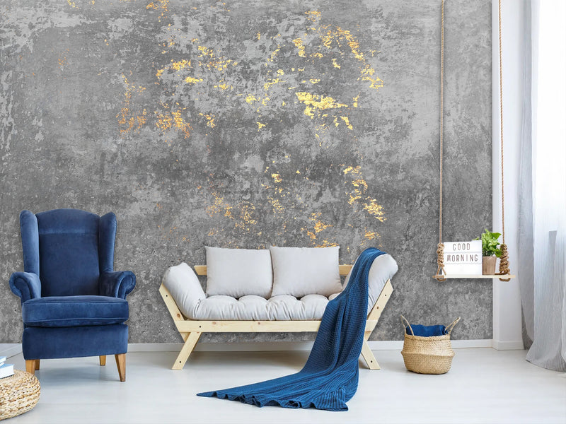 Traditional Full Wall Mural – Concrete and Gold Abstract Wall Design for Gym or Office