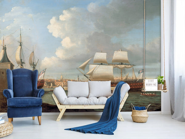 Vintage High-Quality Self-Adhesive Wall Murals for Living Room, Bedroom, and Home Office, In-House Production, Vintage Style "Sailing Era Sea Port"