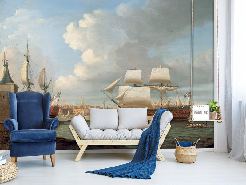 Vintage High-Quality Self-Adhesive Wall Murals for Living Room, Bedroom, and Home Office, In-House Production, Vintage Style "Sailing Era Sea Port"