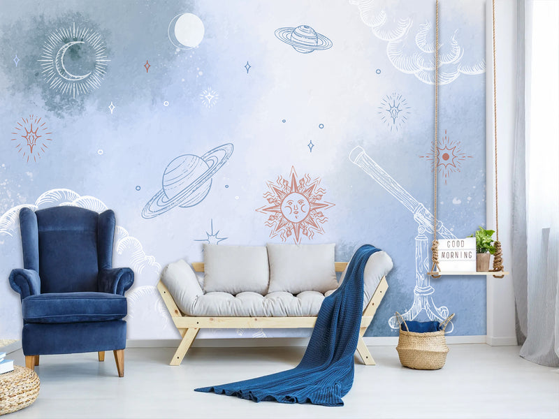 Self-Adhesive Wallpaper Made from Eco-Friendly Materials for Bedroom, Living Room, and Kids' Room “Planets, Moon, and Sun in the Clouds”