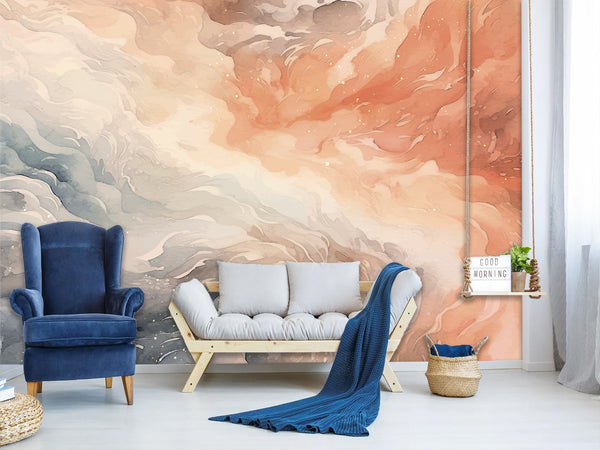 Print Abstraction On Wall Vinyl Wallpaper Peel and Stick For Bedroom Living Room "Pink Blue Waves"