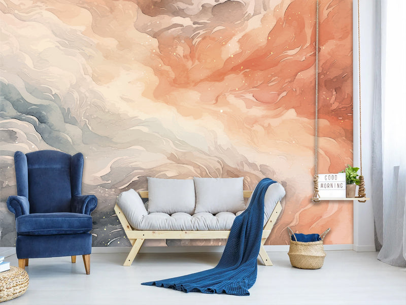 Print Abstraction On Wall Vinyl Wallpaper Peel and Stick For Bedroom Living Room "Pink Blue Waves"