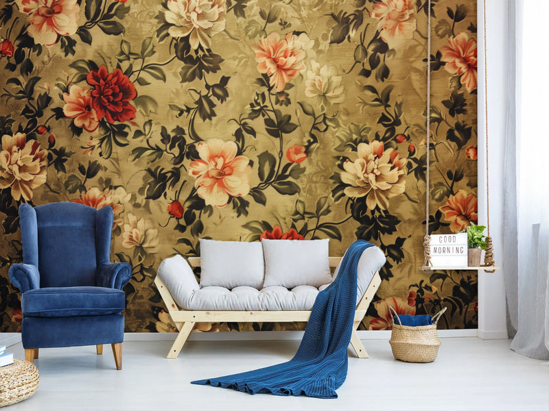 Non-Wowen Mural Full Wall Vintage Floral Composition Print – Classic Flower Arrangement Wall Art For Living Room Or Home Office