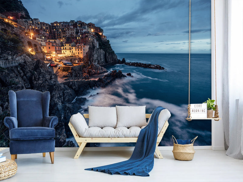 Unique Print For Home Design Self-Adhesive Wall Mural Full Wall Design For Living Room, Bedroom, Lounge Area "City On Sloping Mountains By The Sea"