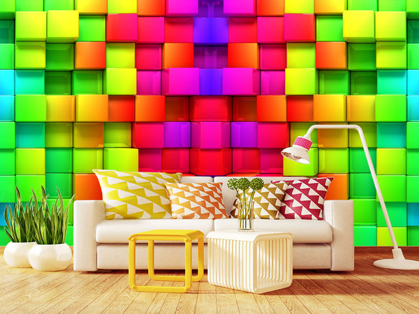 Non-Wowen Wallpaper "Multicolored cubes" – Large Wall art Wallpaper for living room