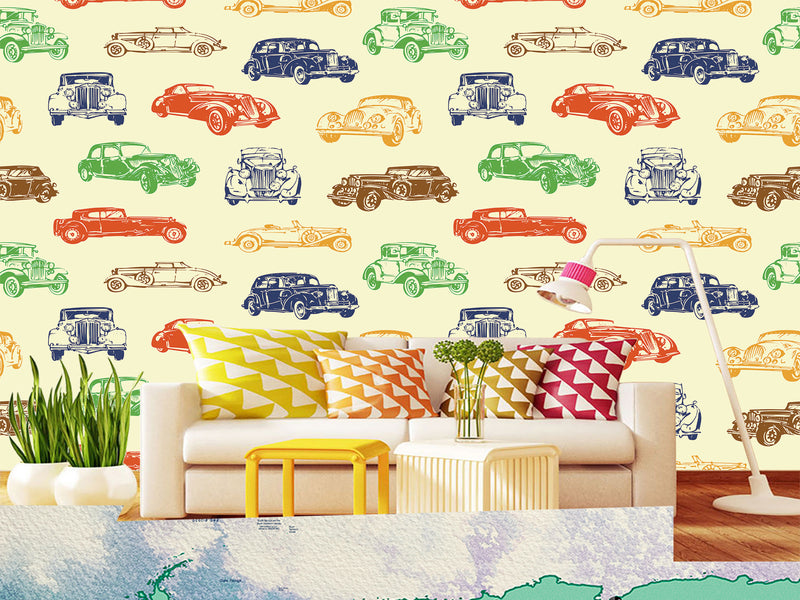 Non-Woven Photo Wallpaper Multicolored Vintage Cars – Colorful Accent for Office or Living Space