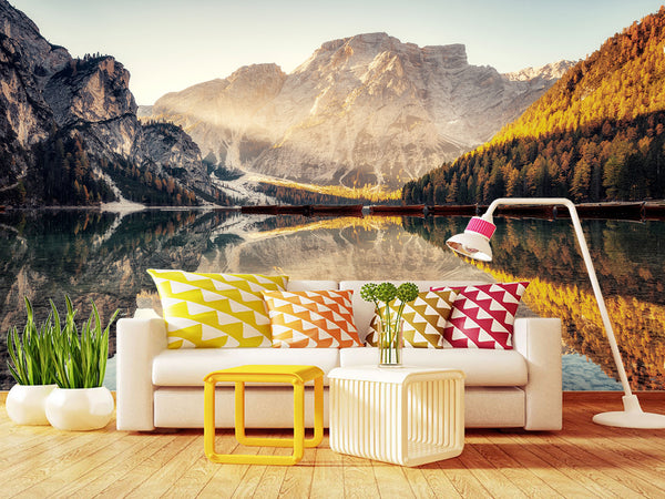 Natural Print Stunning Landscape Traditional Wall Murals for Living Room, Office, Study Full Wall Design "View of Lake Braies" 🌿