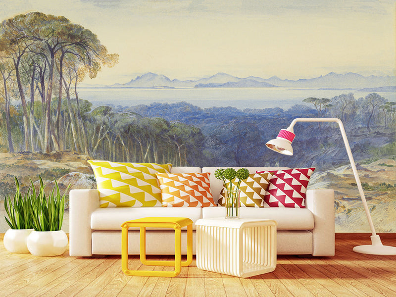 Self-Adhesive Full Wall Mural Accent French Riviera Landscape Wallpaper – Edward Lear for Living Room or Bedroom Design