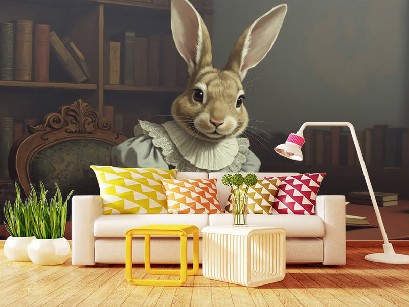 Wall mural Peel and Stick vinyl “Rabbit with a book”, vintage home decor