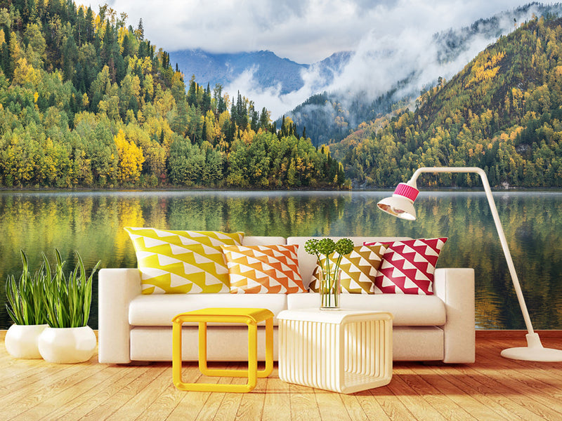 Stylish Modern Non-Woven Wallpaper 'Mountain Lake Serenity' – Wall Mural for Bedroom or Living Room