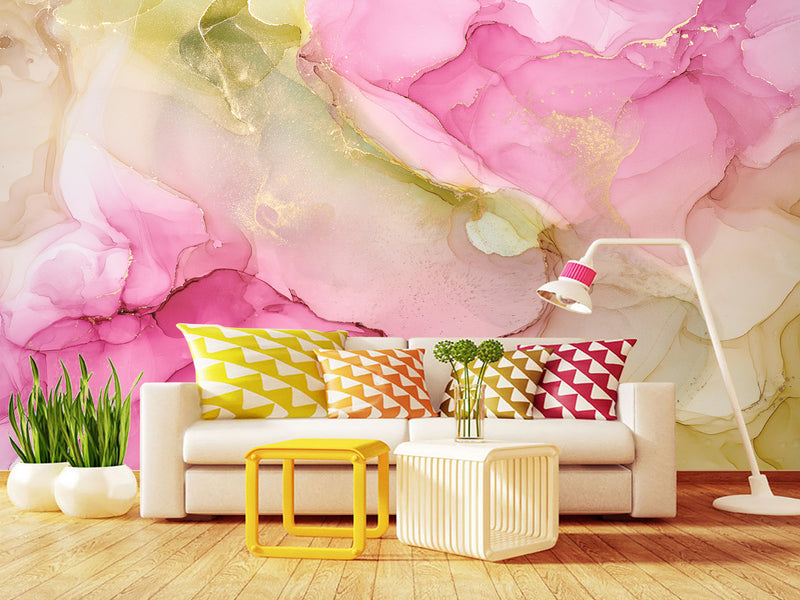 Pink and Green Abstract Intertwining. Self-Adhesive Wallpaper Art Print for Walls. Unique Abstraction Décor for Living Room or Hall "Abstract Flower Petal" 🌸