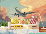 Vinyl Wallpaper Peel and Stick Comic Style Print Mural For Bedroom, Kids Room "Airplane Flying Through the Evening Sky"