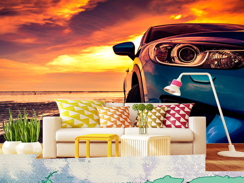 Non-Woven Photo Wallpaper Design For Gym, Living Room, Lounge Area "SUV On The Pier Lit By Sunset"