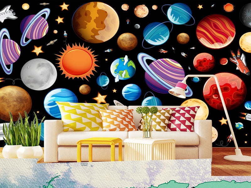 Self-Adhesive Full-Wall Wallpaper, In-House Production — Wall Mural For Living Room Or Kids’ Room “Vibrant Planets”.
