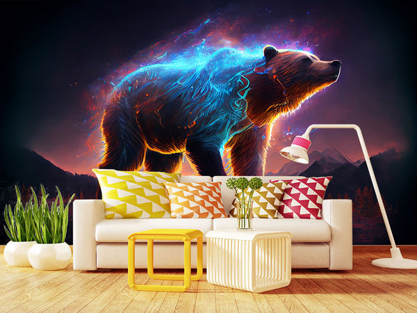 Colorful Print Peel And Stick Wall Mural Art Design "Cosmic Bear", Decor For Kids Room, Bedroom, Living Room