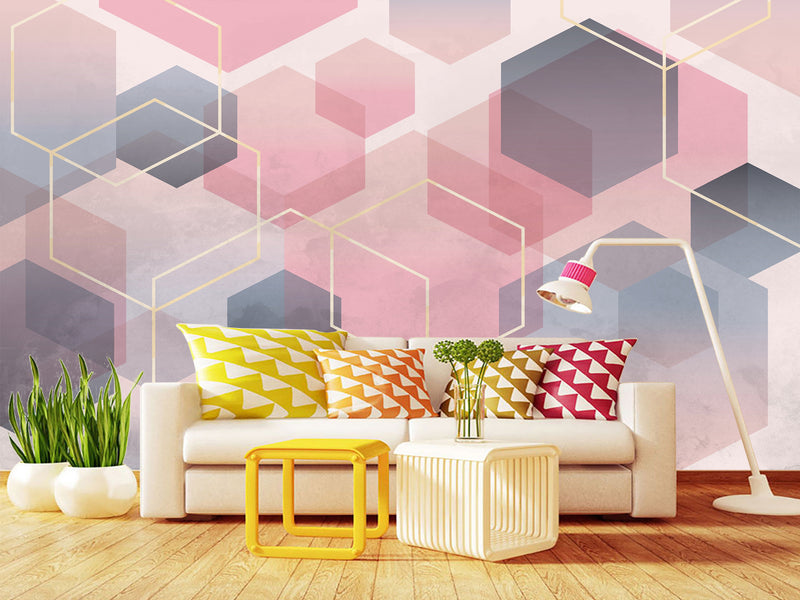 Abstract Modern Non-Woven Wall Mural 'Pink Honeycombs', Decor for Office, Bedroom, Living Room