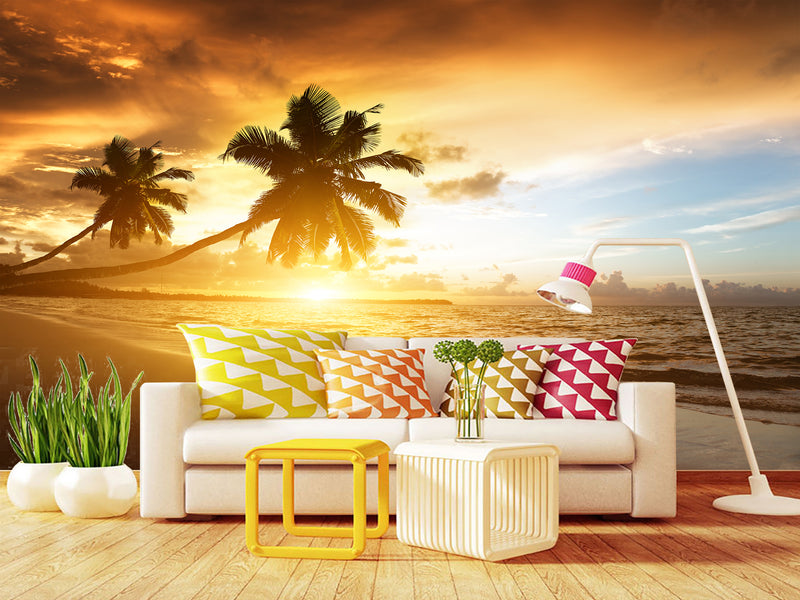 Vinyl Wallpaper Peel & Stick for Living Room or Bedroom – "Sunset on the Beach" Accent Wall Mural