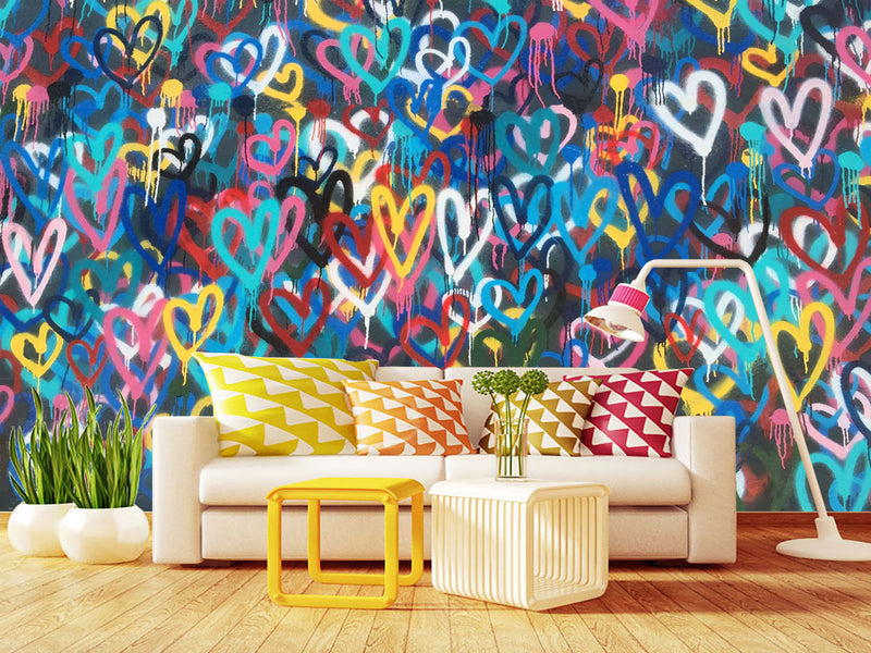 Non-Woven Wall Mural 3D Graffiti Wallpaper “Colorful Hearts” – For Accent Wall in Bedroom, Kitchen, or Living Room