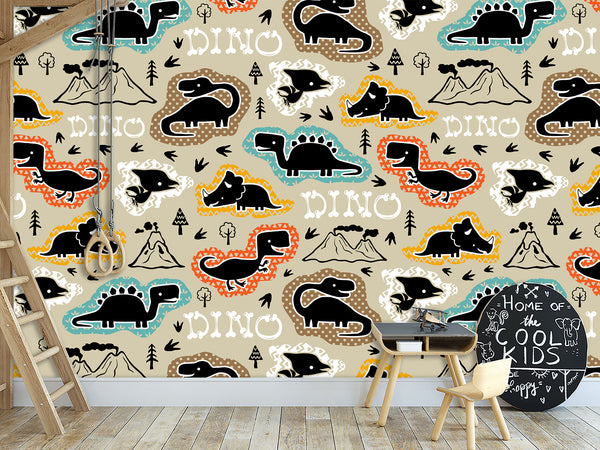 Dino Print Vinyl Peel and Stick Mural For Teen Room, Statement Wall In Office Or Workout Zone "Various Dinosaurs"