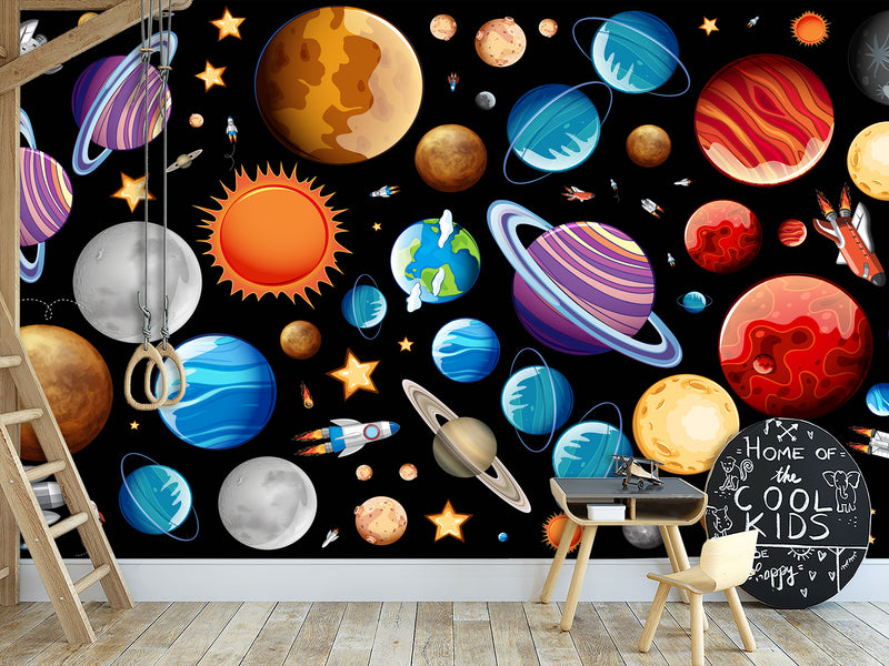 Self-Adhesive Full-Wall Wallpaper, In-House Production — Wall Mural For Living Room Or Kids’ Room “Vibrant Planets”.