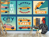 Non-Woven Photo Wallpaper Stylish Retro Car Collage for Office, Living Room, or Gym