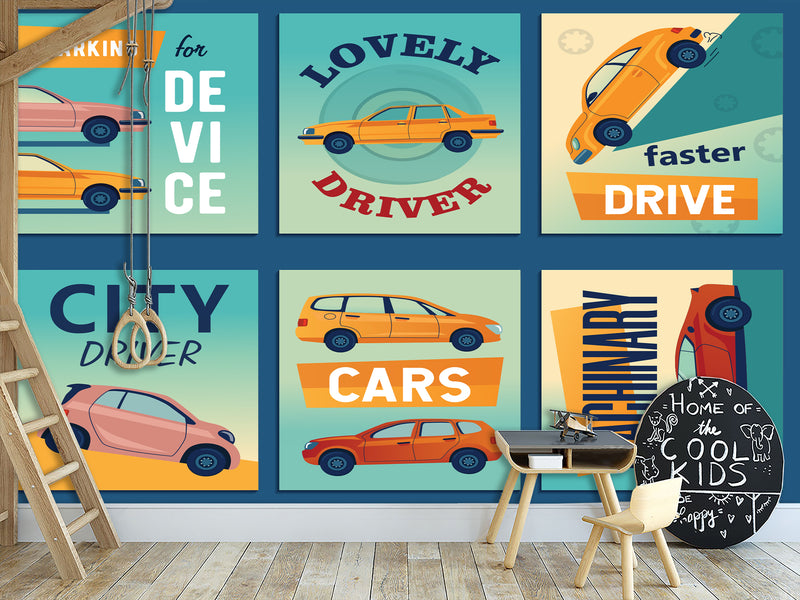 Non-Woven Photo Wallpaper Stylish Retro Car Collage for Office, Living Room, or Gym