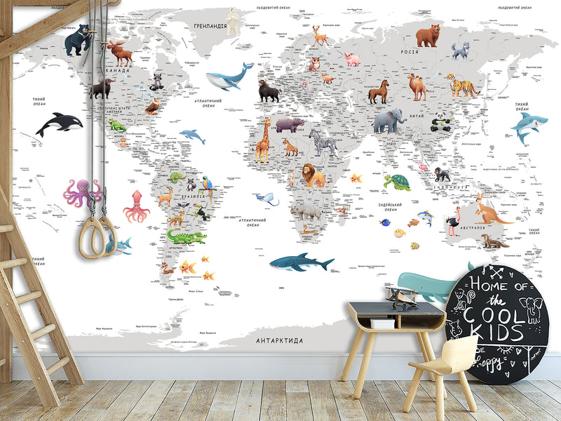Decor for Kids room, Peel and Stick vinyl interactive World Map Wallpaper – Educational Design for Kids' Room