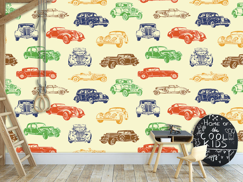 Self-Adhesive Full Wall Wallpaper – Colorful Retro Cars Print for Bedroom or Office