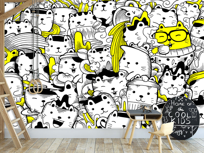 Peel & Stick Wall Mural for Office or Bedroom, Kids Room  – 'Busy Cats' Unique Wall Print