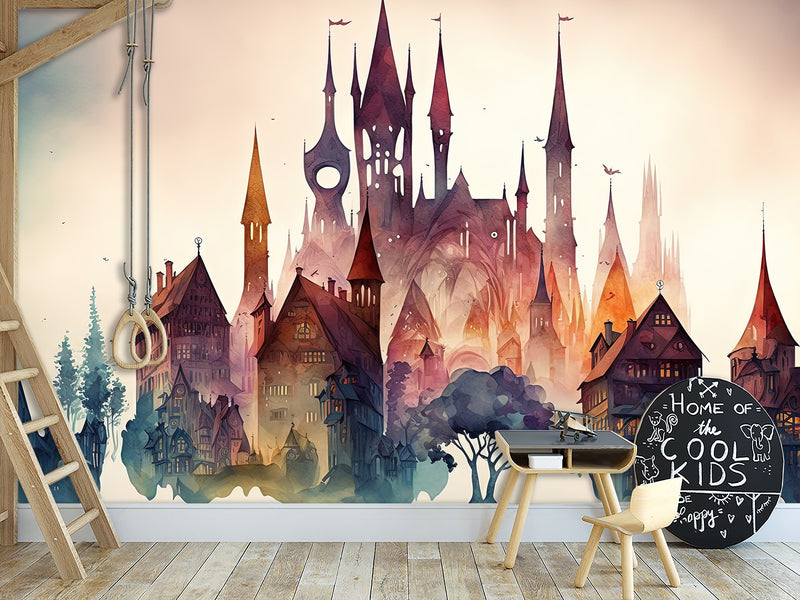 Peel and Stick Wall Mural Art Decor for Kids' Room or Playroom – Fairy Tale Town on a Hill