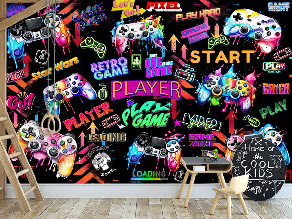 Modern Vibrant Vinyl Wallpaper Peel and Stick “Adrenaline of Victory” – Perfect for Video Game Lovers, Bedroom, Living Room, and Kids’ Room Desing